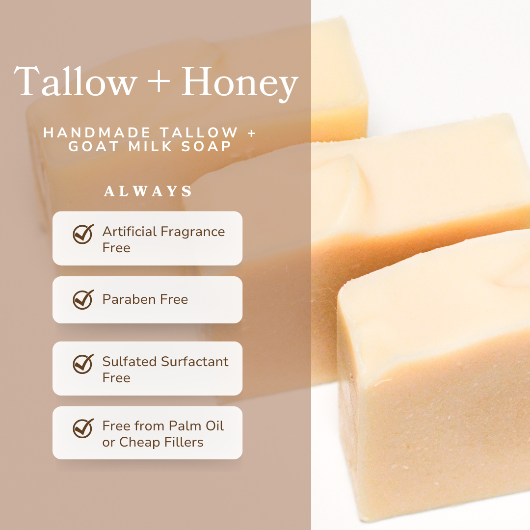 Handmade tallow and honey goat milk soap with certification badges on a beige background. paraben free. Pretty Farm Girl | Pure Tallow + Honey Fragrance Free Handmade Tallow and Goat Milk Soap Bar.