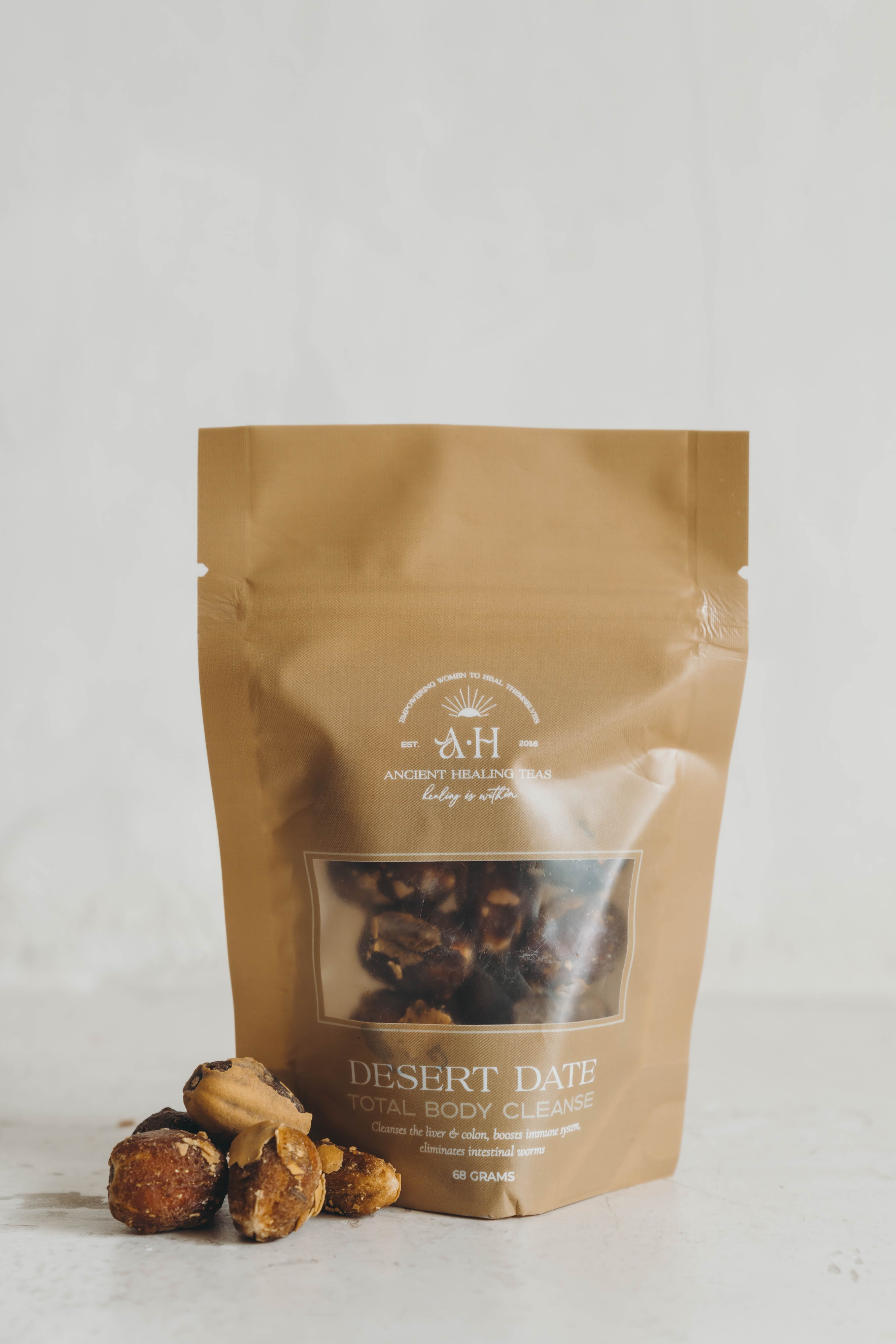 Desert Date body scrub packaging with product on a light background. This herbal support gives the body a total detox by:
Helping purge waste, toxins, and poisons from the system
Relieving constipation
Reducing candida in the body
Is known to help rid the body of worms and parasites
Increasing iron absorption
Lowering inflammation
Promoting healthy skin