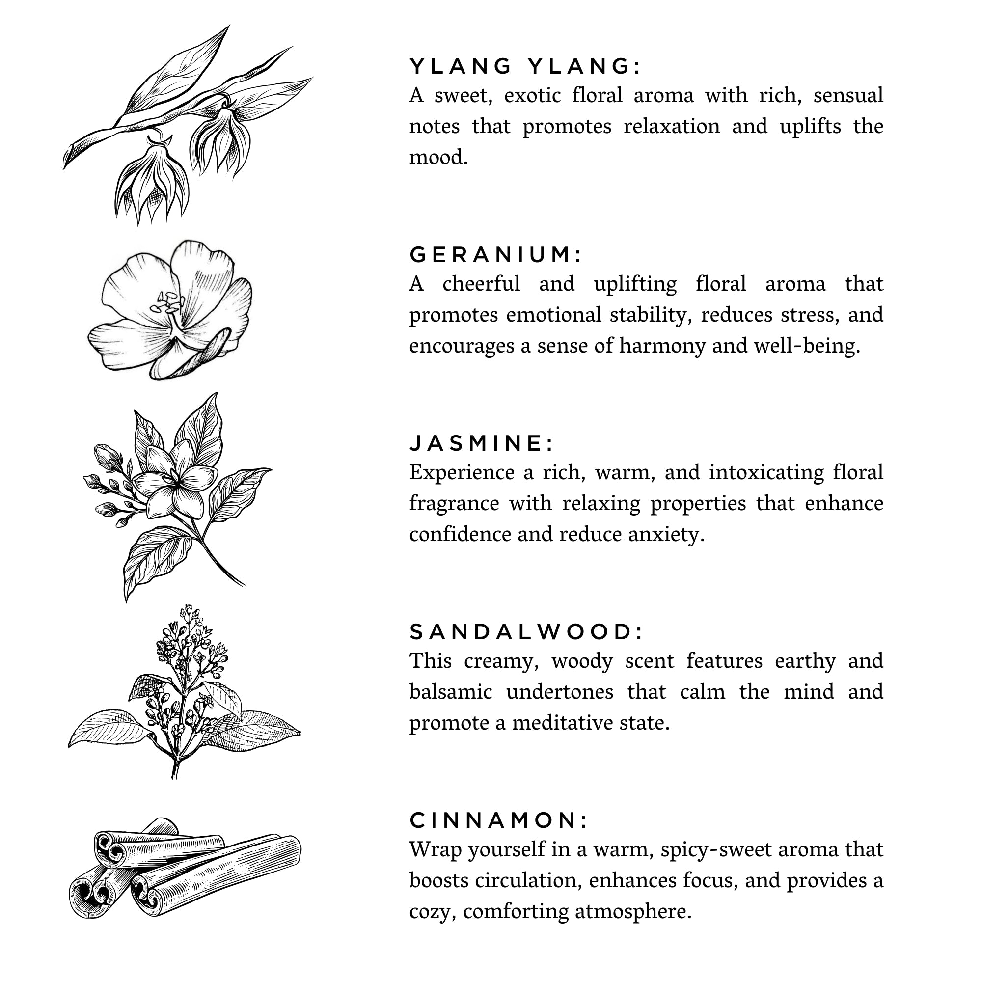 Illustrations of ylang ylang, geranium, jasmine, sandalwood, and cinnamon with descriptive text on a white background. Kraft paper packaging of 'Afterglow' bath salts with a white label on a white background. essential oils epsom salt bath soak
