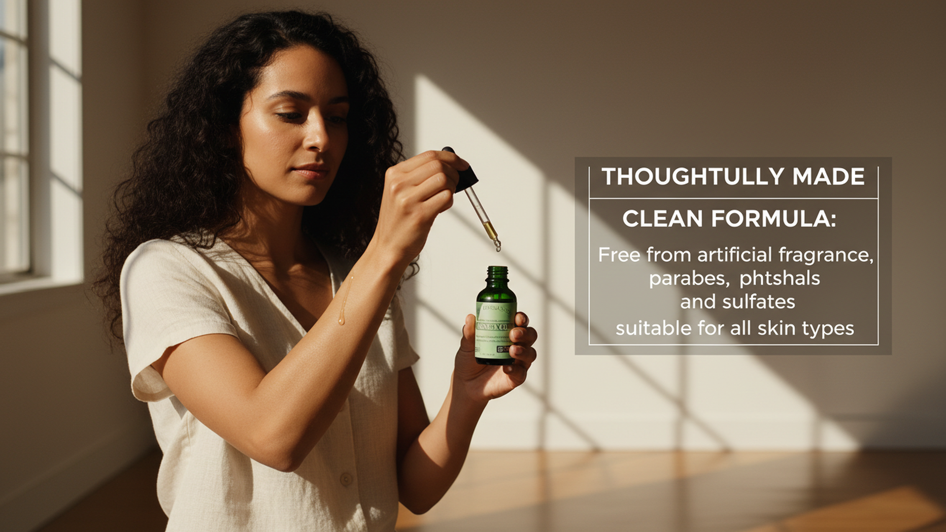 Woman holding a dropper bottle with a thoughtfully made clean formula label. Bottle of Arnica Oil with flowers on a white background. for bruise skin fragile skin veins massage oil for backs and sore muscles.