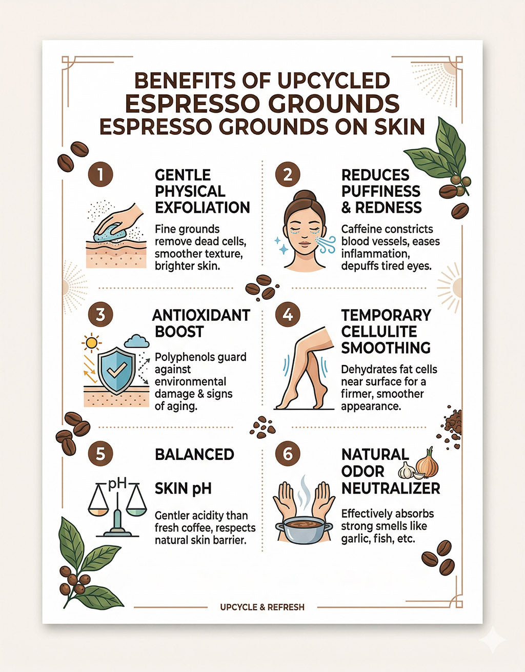 Infographic detailing the benefits of upcycled espresso grounds on skin. Collection of 2nd Ground upcycled coffee soap bars on a stone surface with branded boxes. comfrey salve for healing arthritis workout recovery drawing salve