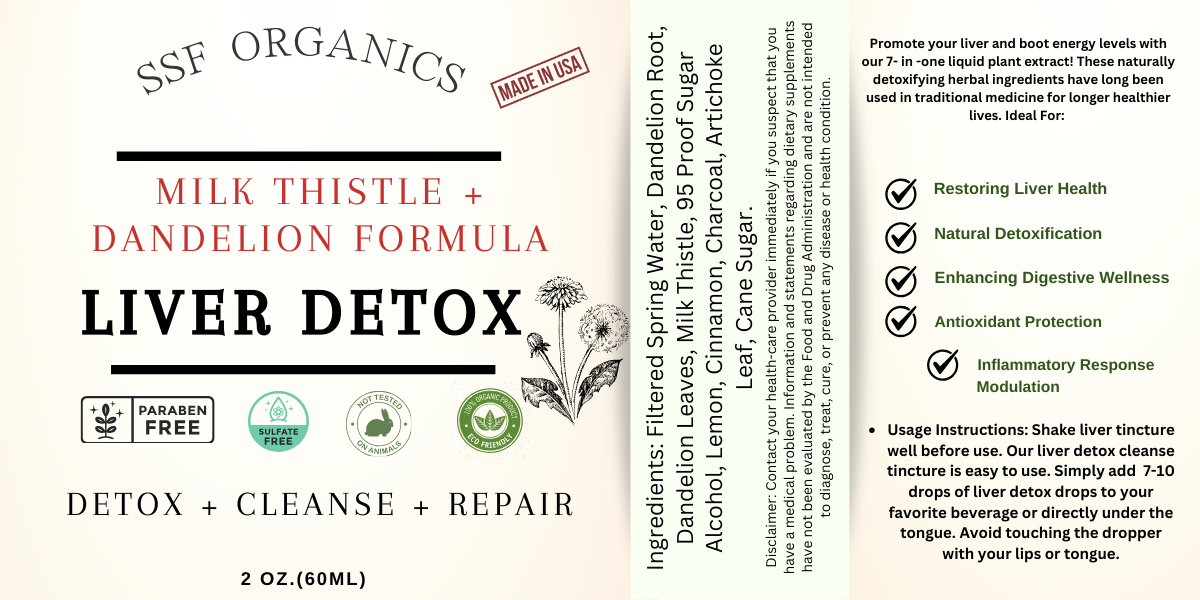 SSF Organics- Liver Tonic | Detox Support | Liquid Tincture with Dandelion, Milk Thistle, Artichoke Leaf, Lemon. Safe and Gentle Daily Formula. Promotes Optimal Liver Function. Increases liver function and activates the liver for improved performance. Stimulates the liver's production of bile, which breaks down fats and aids in the digestion of food, resulting in improved nutrient absorption and enhanced overall digestive efficiency.