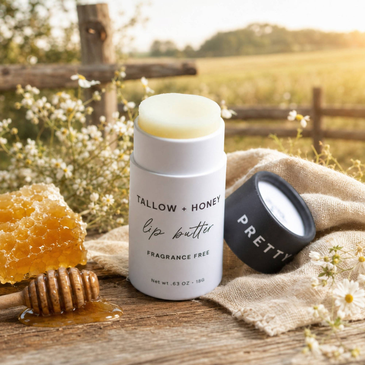 A white lip butter stick labeled 'TALLOW + HONEY' stands on a rustic wooden surface beside a black cap and honeycomb, with a burlap cloth and blurred outdoor field background. grass fed lip balm pretty farm girl handmade skin organic plastic free dry cracked lips repair comfrey