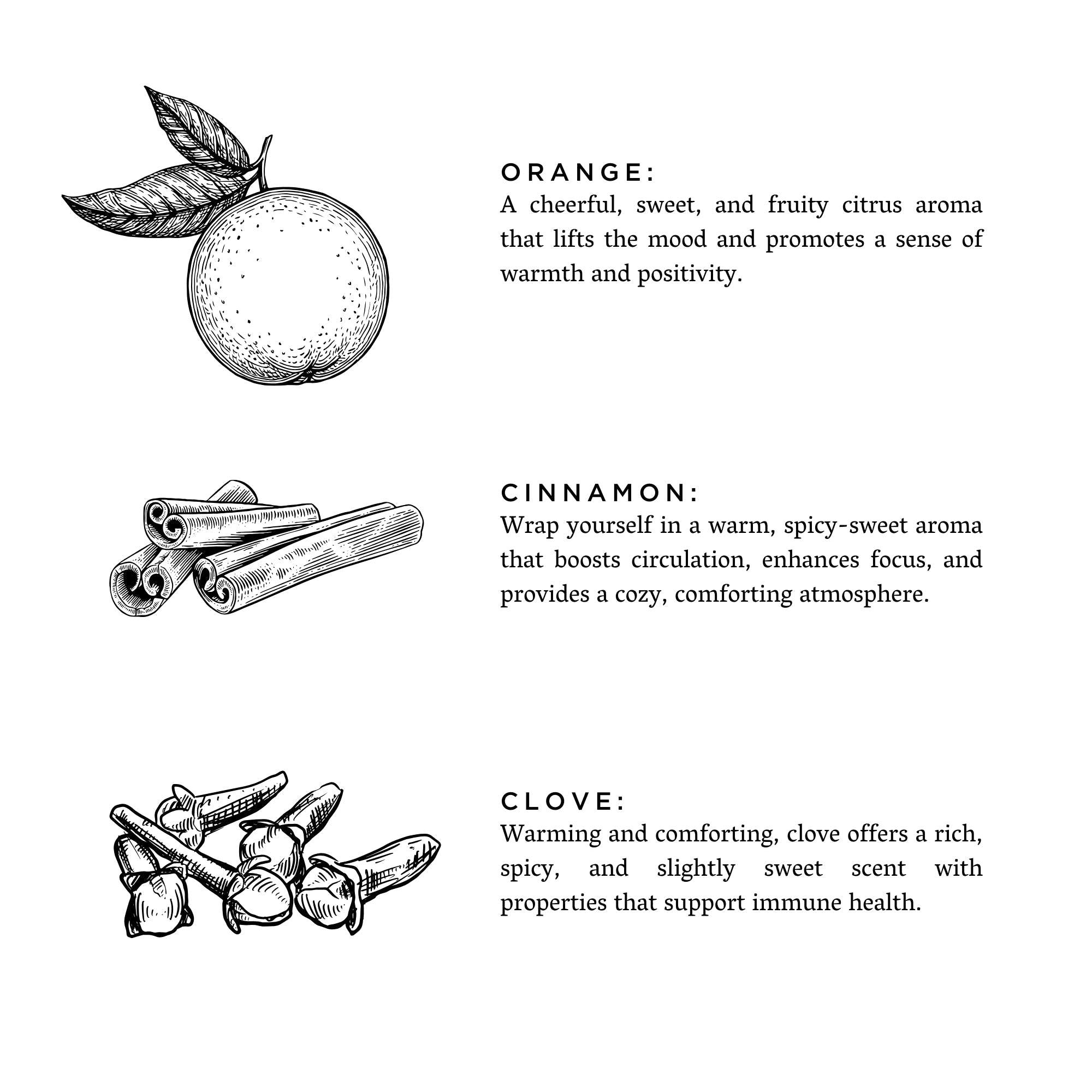 Illustrations of an orange, cinnamon sticks, and cloves with descriptive text on a white background. Lit candle in a glass jar with 'Slow North' label on a marble surface. SSF Organics Natural beeswax candles with essential oils holiday scents organic holistic relaxing