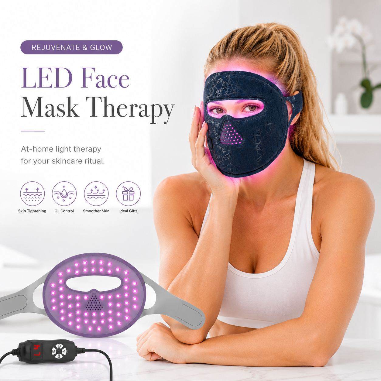 Woman wearing an LED face mask with text 'LED Face Mask Therapy' and product details.