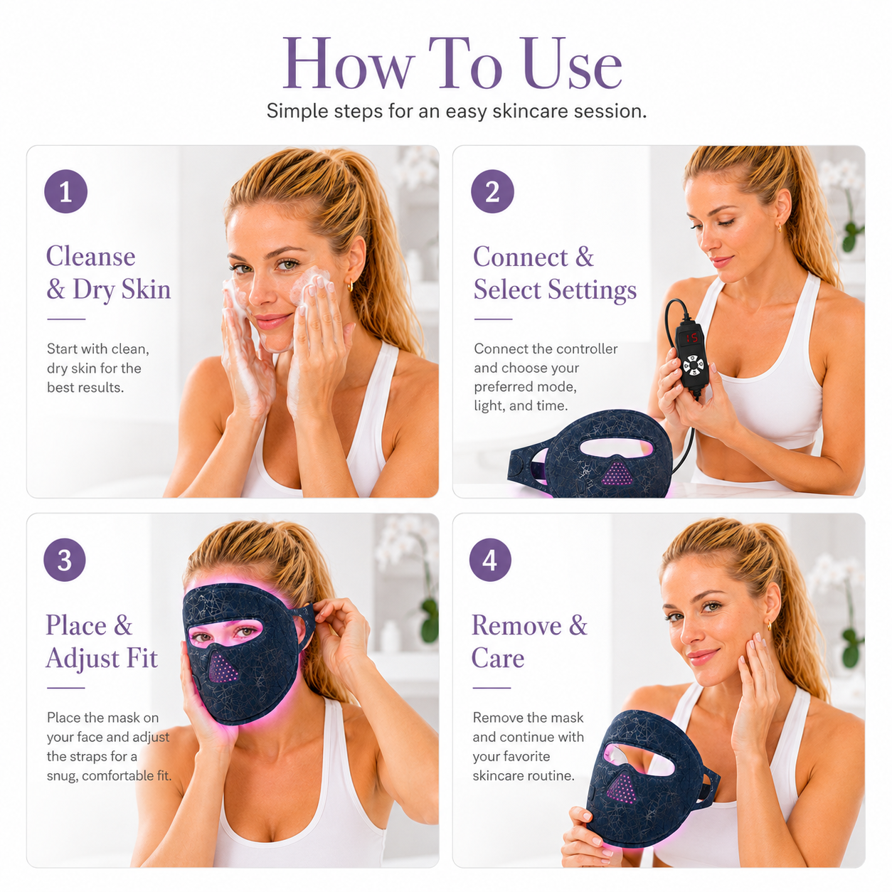 Step-by-step guide on how to use a skincare device with a woman demonstrating each step. comfrey stem cell recovery hip joint pain relief arnica gel skin remedy wrist arthritis muscle injury workout sore muscles