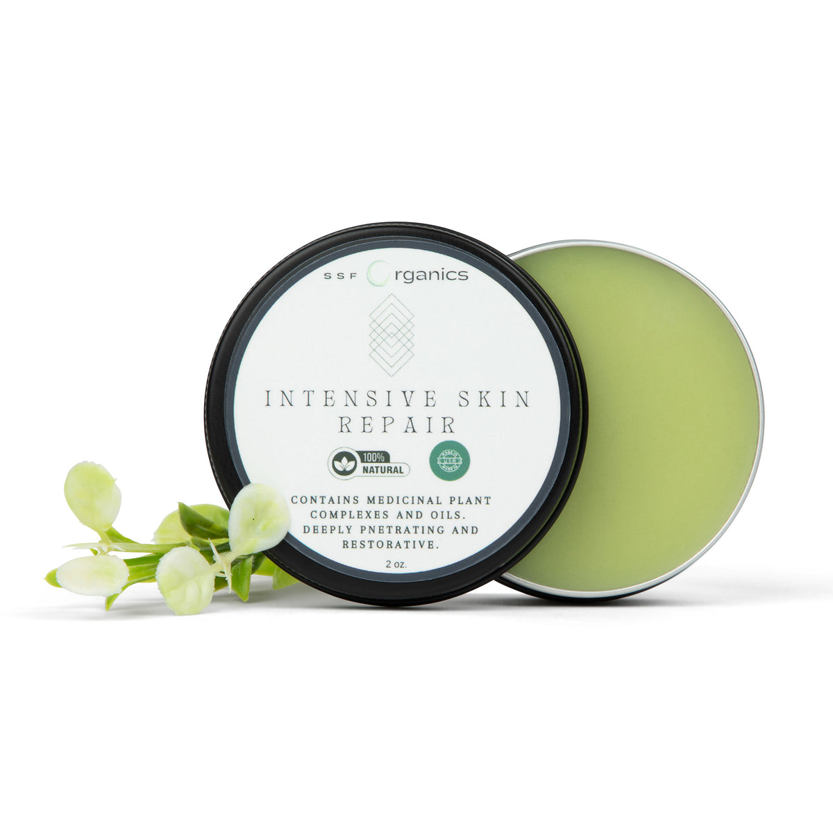 Intensive Skin Repair cream with packaging on a white background. With calendula, shea, and castor oil. For dry skin, cracked heels, and massage with herbal natural ingredients for skin care.