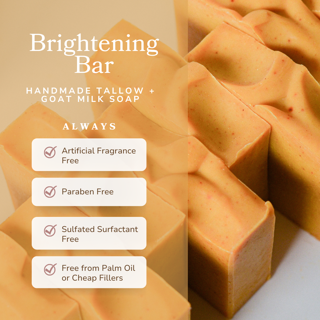 Handmade tallow and goat milk soap bars with brightening properties on a beige background. vitamin c soap brightening facial detox anti aging natural pretty farm girl serum face cream oil. organic plastic free handmade skincare with olive oil castor oil liver packs. under eye. kojic acid collagen red light healing