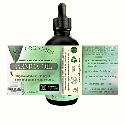 Arnica oil bottle with dropper labeled 'SSS Organics' on a white background