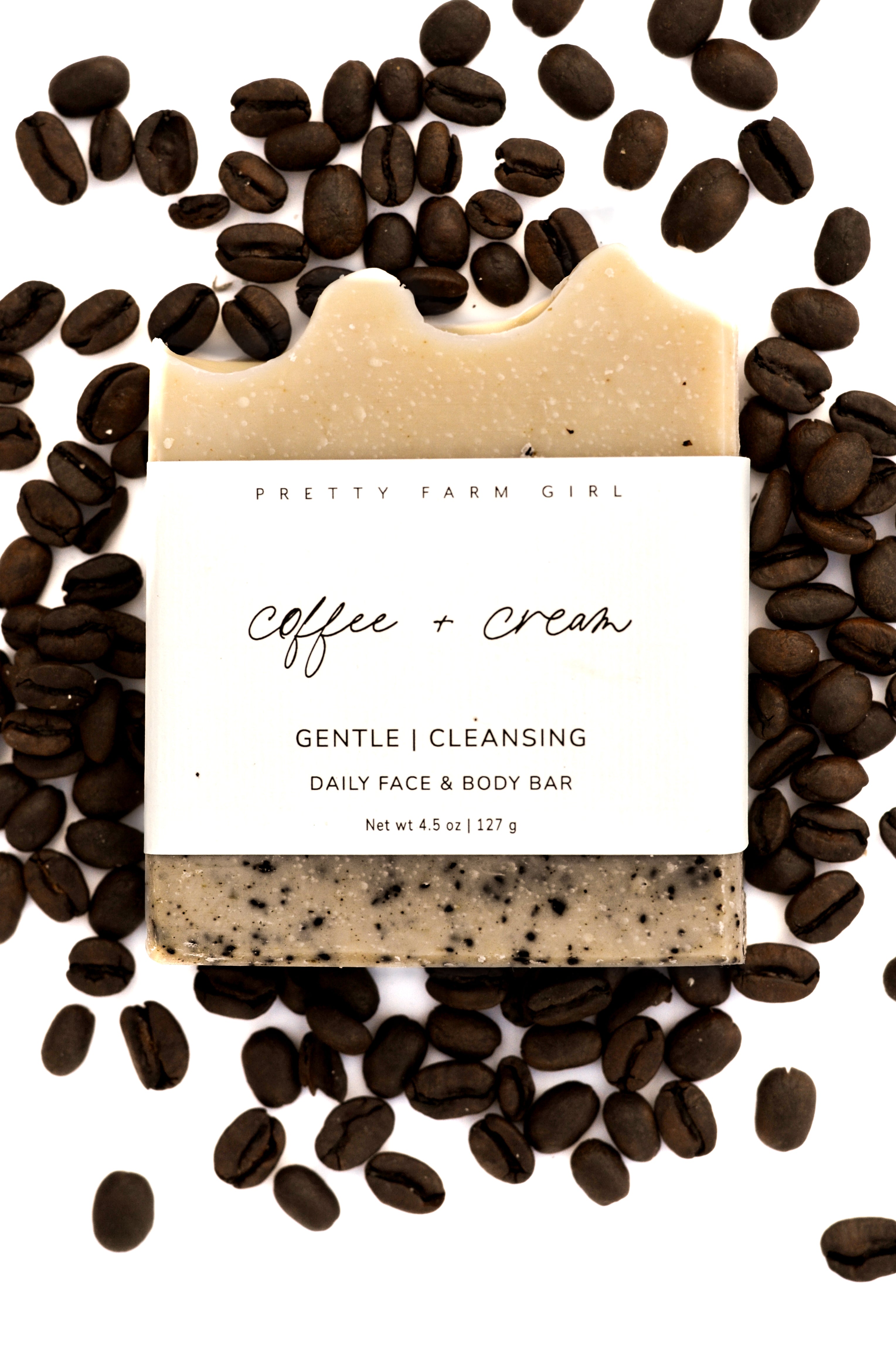 Coffee and cream tallow soap bar surrounded by coffee beans on a white background. *Organic
**Grass-Fed
^Turns oils into soap; none remains after saponification
#Naturally contains Propolis, Royal Jelly and Pollen