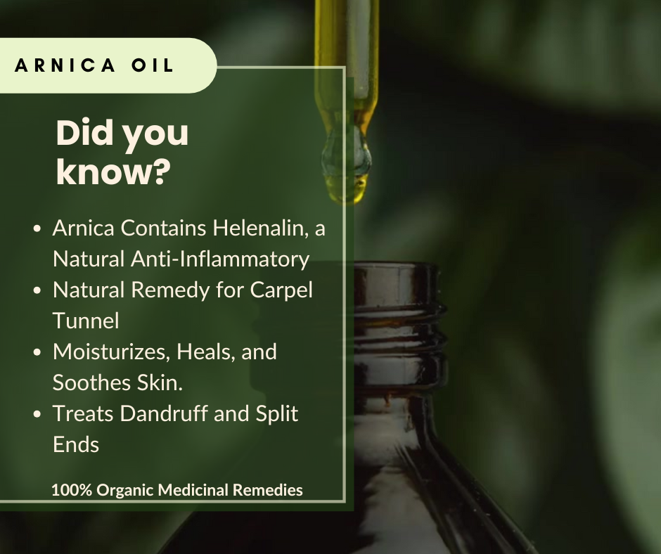 Arnica oil dropper with text about its benefits on a dark background