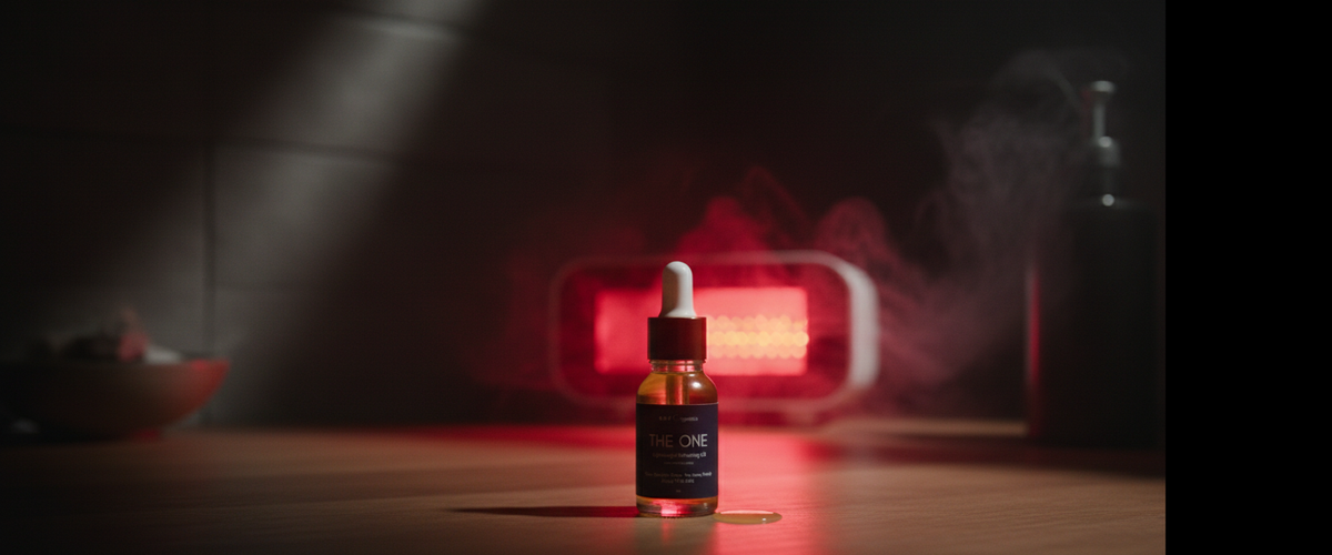 A small amber dropper bottle stands on a tabletop in a dimly lit setting, with a glowing red rectangular device and red light reflections behind it. A dark pump bottle is blurred in the background, and mist or steam is visible around the glowing object.