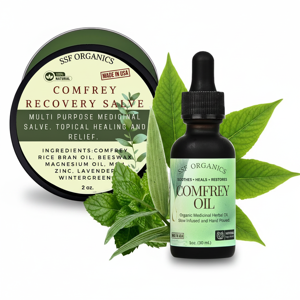 SSF Organics Comfrey Recovery Salve and Comfrey Oil set, featuring a round salve tin, a dropper bottle of herbal oil, and fresh green comfrey leaves on a white background. skin healing | Advanced Natural Healing on a cellular level for herbal remedies Organic Comfrey Salve - Organic Comfrey for bone healing and skin muscle and arthritis relief . holistic herbalism comfrey salve | Penetrex | Joint Pain | Arthritis | Eczema | Psoriasis | Cyst | Infection | antifungal | Sore | Rash | Bite | Sting | Bee Venom