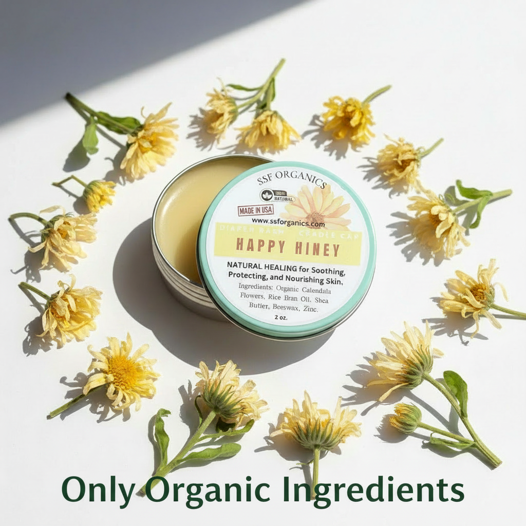 SSF Organics Baby Salve Happy Hiney | Diaper Rash | Calendula Baby Balm | 100% Organic Gentle Solutions | Hand Crafted in Small Batches | Made with Calendula, Chamomile and Shea.