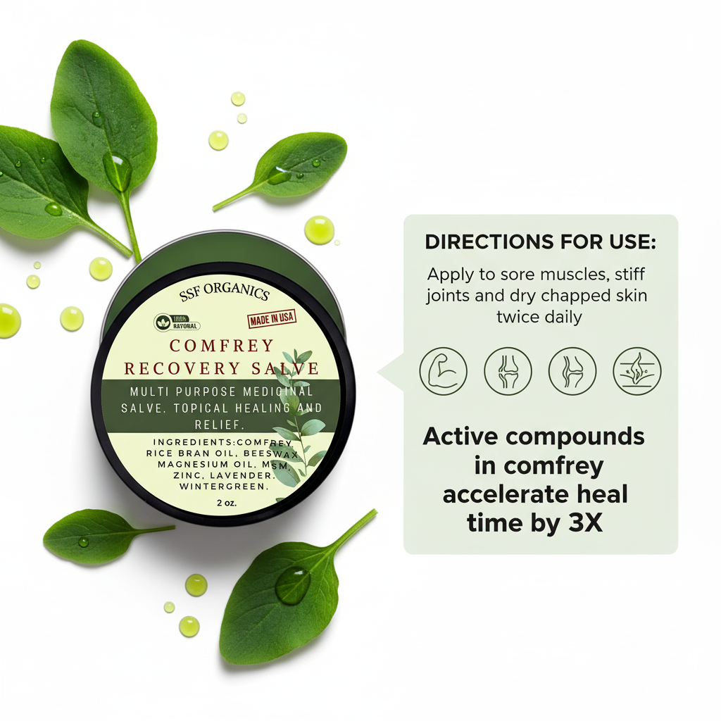 Comfrey recovery salve container with green leaves and usage instructions on a white background