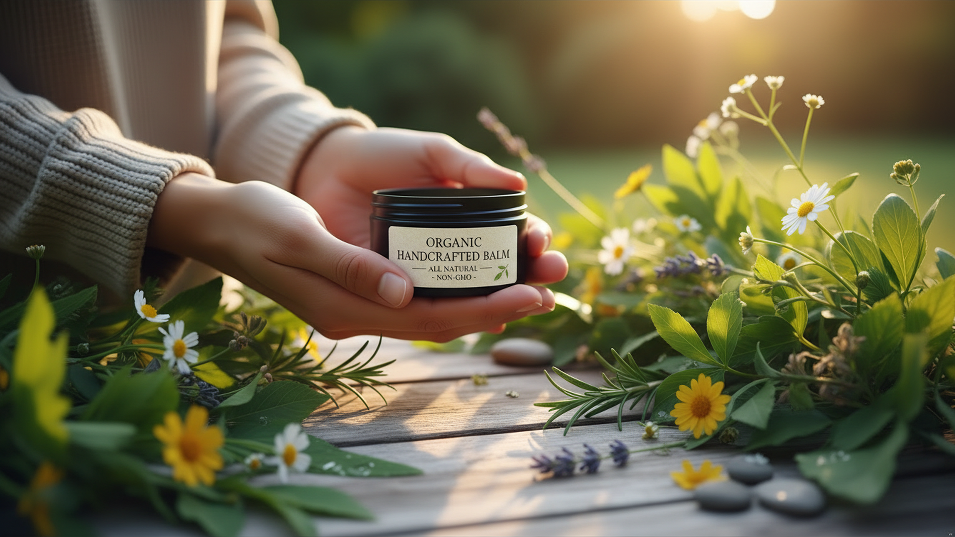 Hand holding a jar of organic handcrafted balm surrounded by flowers and greenery. Stack of yellow soap bars on a wooden surface. beeswax. A bottle of essential oil with lavender flowers and a daisy on a wooden surface. facial care and skin repair. recovery for eczema, psoriasis, joint workout sports recovery and relief. comfrey argan jojoba oil face serum anti aging firming cream for rash. calendula herbal balm for healing. ointment and nerve damage neuropathy. skin irritated. arthritis.