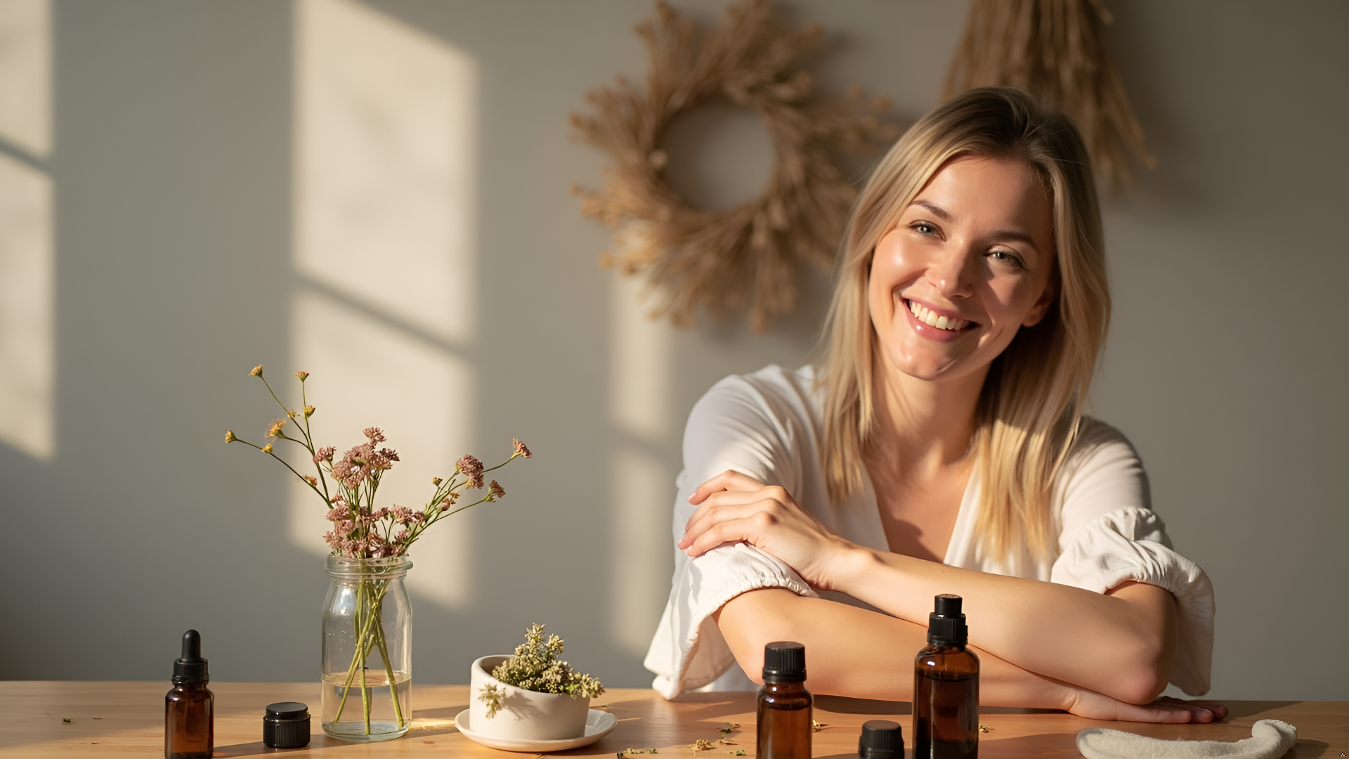 Woman sitting at a table with essential oil bottles and plants, Comfrey salve and herbal oils for recovery and relief. Calendula skin repair natural skincare. Organic and clean ingredients. Ora's magic healer. Buy arnica pain relief. Arthritis sore muscle natura relief, for organic facial. norse organics. liver health, natural tinctures. SSF Organics- Natural Relief and Recovery. Topical Healing for Muscles, Joints and Skin. Great for Runners, Post Workout, Healing, Skin Repair. Comfrey Recovery Salve .