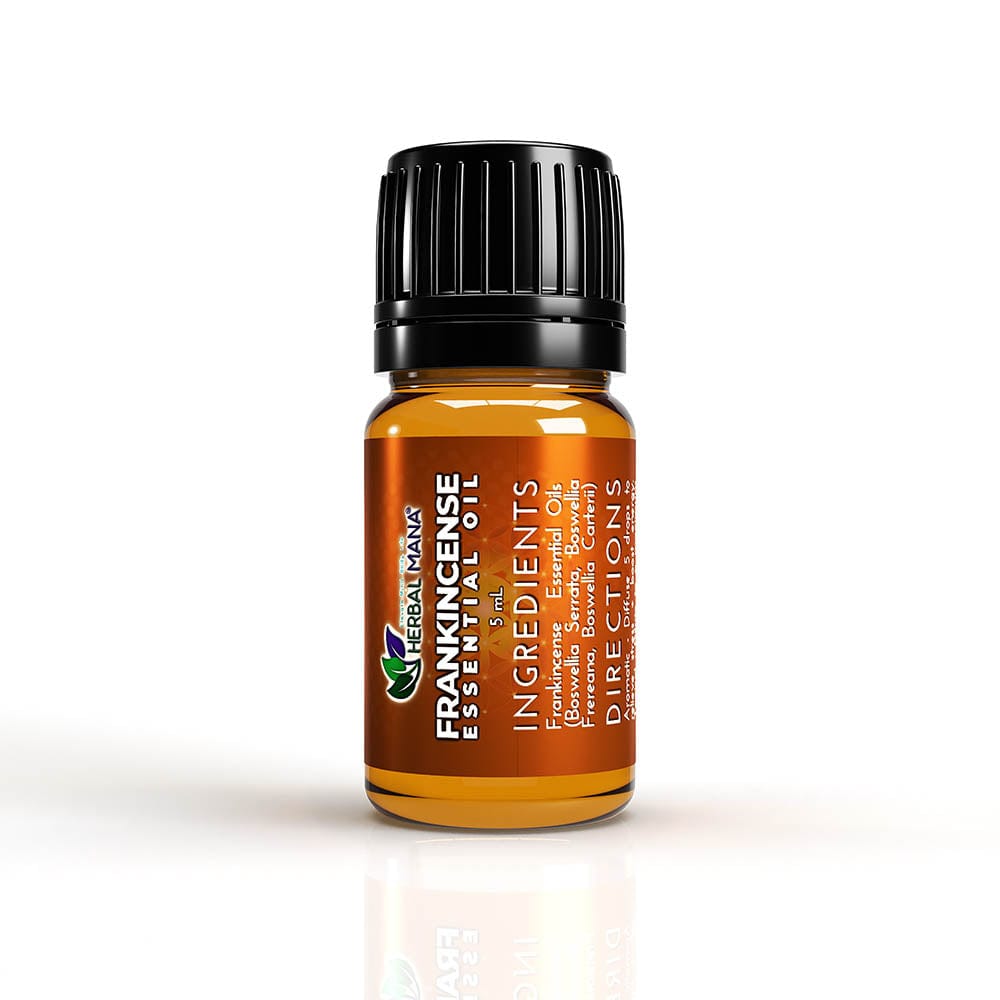 Herbal Mana Frankincense Essential Oil 5 mL amber bottle with an orange label and black cap on a white background.