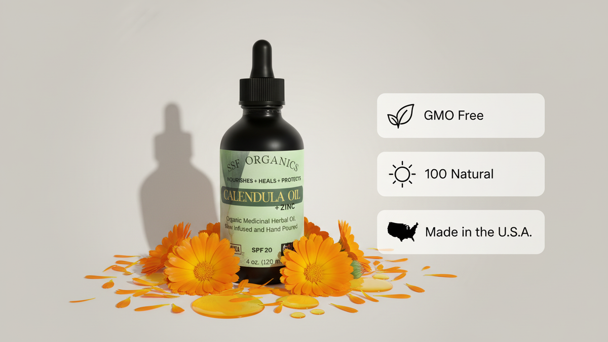 Bottle of organic calendula oil with marigold flowers on a light gray background. icons for made in usa, 100% natural and gmo free