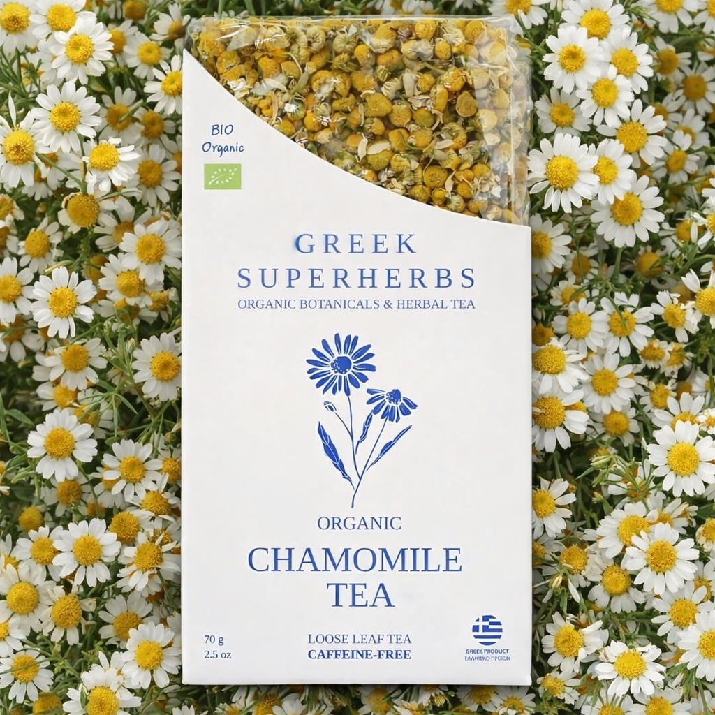 Box of Greek Superherbs Organic Chamomile Tea surrounded by chamomile flowers. Pure whole flowers from Grevena, Greece. The most potent, honey-sweet chamomile you will ever taste.
Servings: 2.5 oz / 45 cups (double steep for up to 90 cups)
Type: Matricaria Chamomilla
Ingredients: Organic chamomile flowers.Chamomile tea is one of the most well-supported herbal teas for health, with measurable benefits for sleep, anxiety, digestion, and blood sugar. It’s caffeine-free, nearly calorie-free, and safe