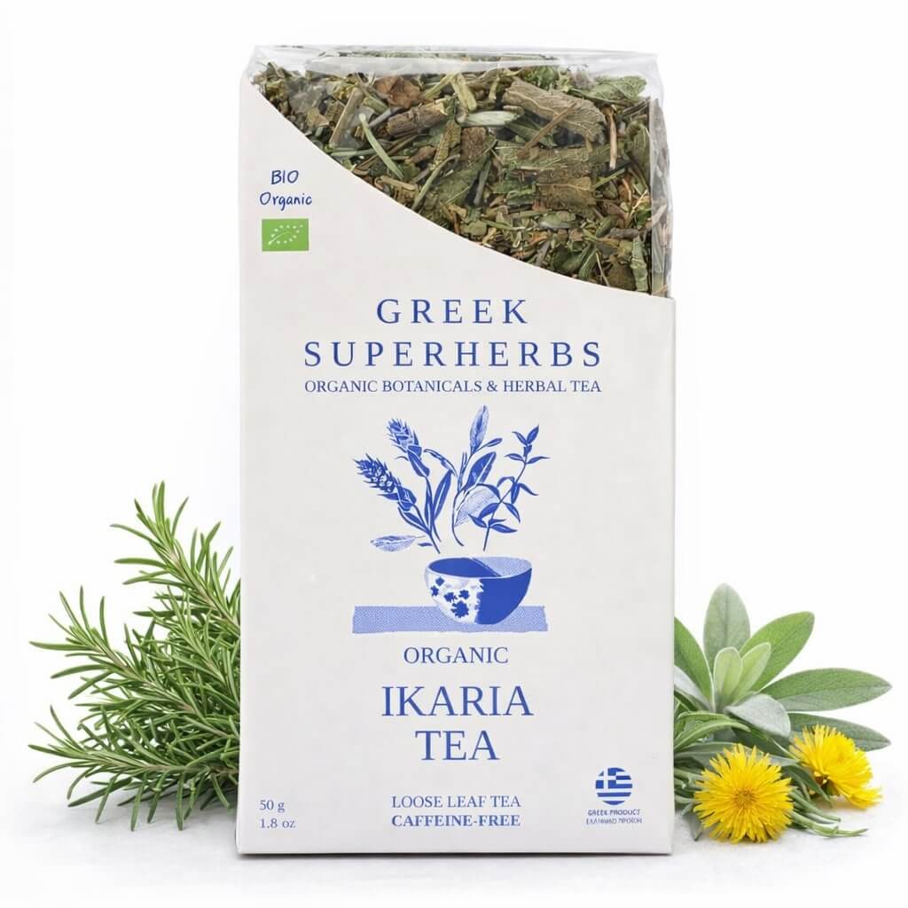 Box of Greek Superherbs Organic Ikaria Tea with herbs and flowers on a white background