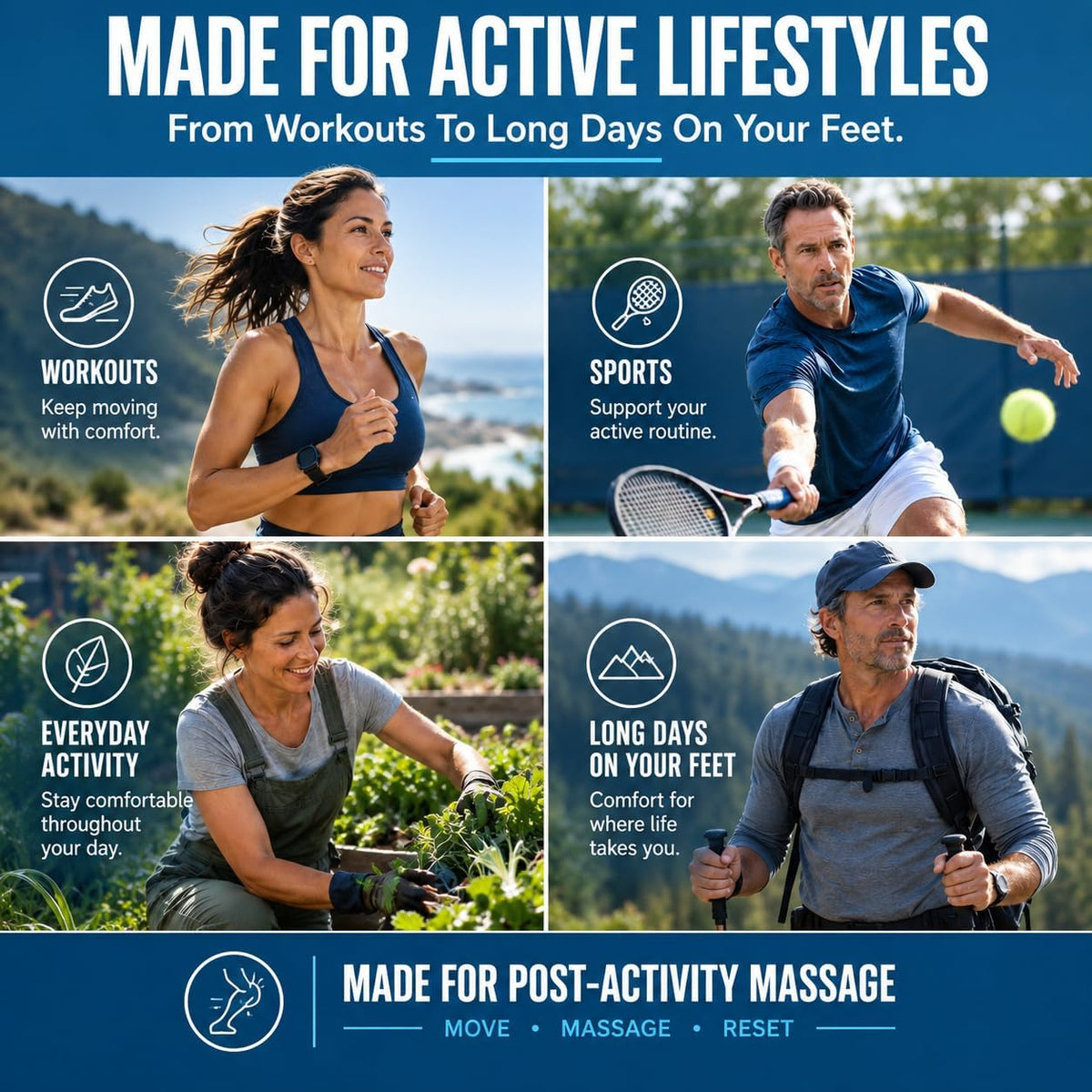 Collage of running, tennis, gardening and hiking with the message “Made for post-activity massage.