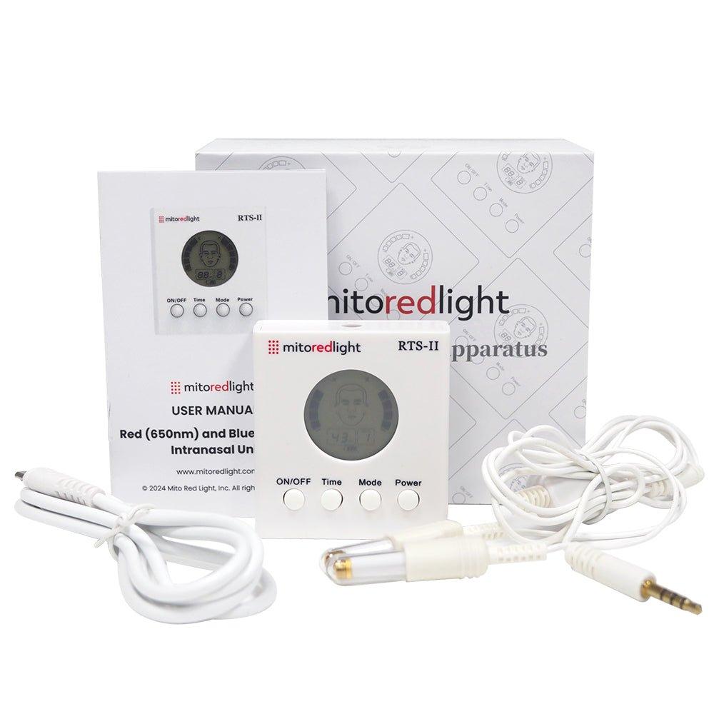 Mitoredlight apparatus with user manual and cables on a white . background.  blue light at 450 nm for microbial sanitization and red light at 650 nm to boost immunity, reduce inflammation, and improve oxygenation. Portable and lightweight, MitoBOOST™ seamlessly integrates into your daily routine, whether at home or on the go.
By targeting the nasal cavity—a critical site for immune response due to its rich blood capillaries and direct connection to the brain’s olfactory bulb. Intranasal