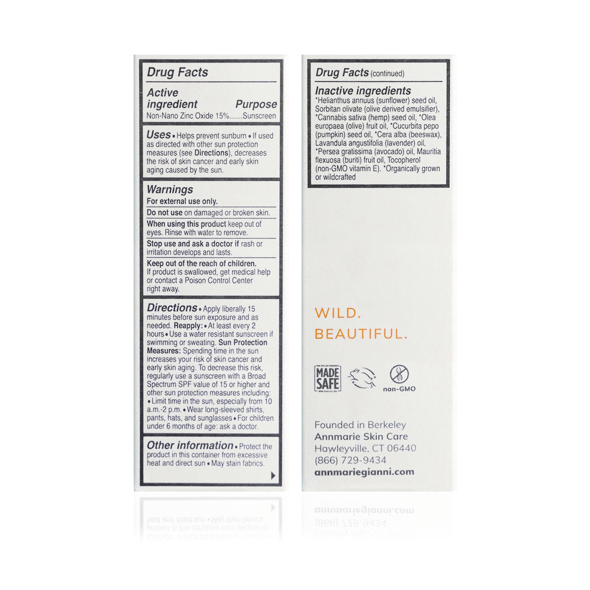 Product label with 'Drug Facts' and 'Inactive Ingredients' on a white background. Annmarie Sun Love sunscreen bottle with ingredients listed on a white background. Hand holding a bottle of 'Sun Love' sunscreen with green foliage in the background. natural skin face sunscreen. comfrey and arnica tallow