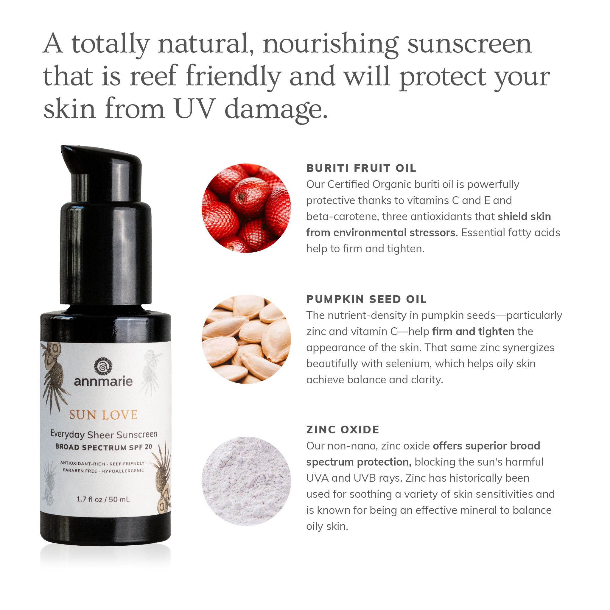 Annmarie Sun Love sunscreen bottle with ingredients listed on a white background. Hand holding a bottle of 'Sun Love' sunscreen with green foliage in the background. natural skin face sunscreen. comfrey and arnica tallow