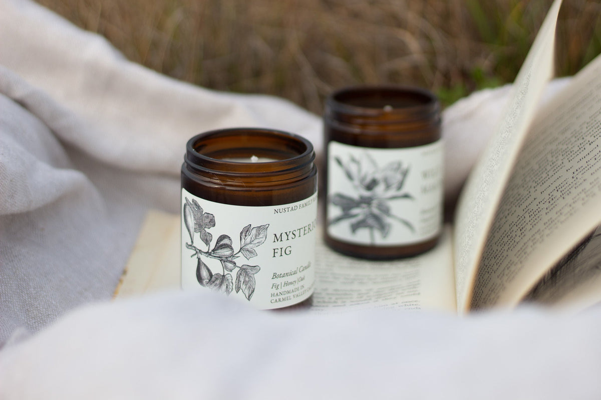 Two unlit amber jar candles on an open book, with Mysterious Fig in the foreground.