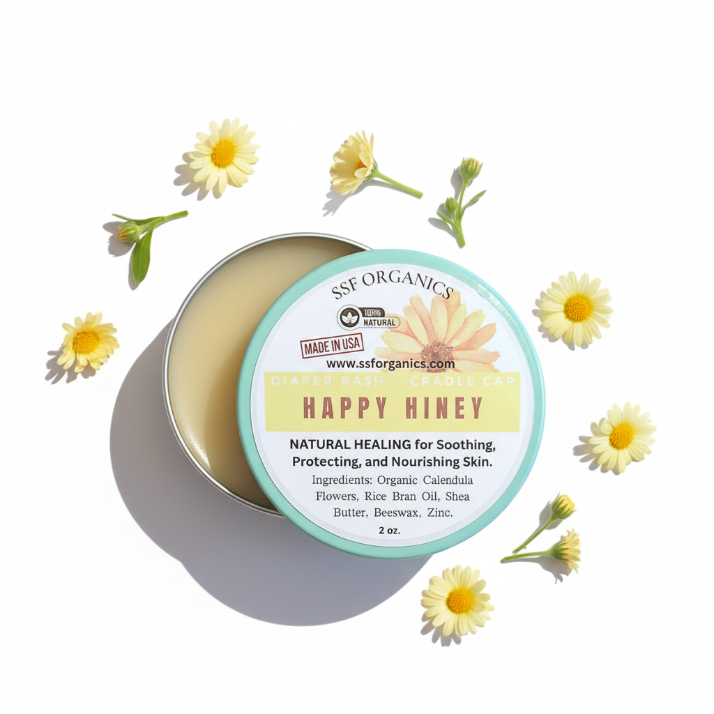 Open SSF Organics Happy Hiney tin surrounded by fresh calendula flowers — label reads 100% Natural, Made in USA