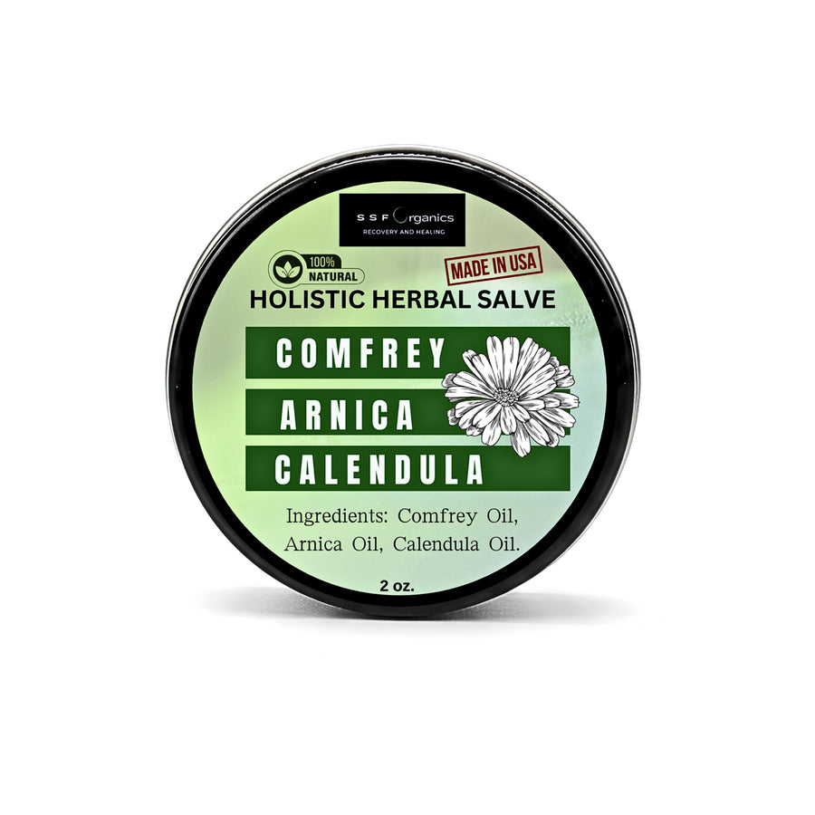 comfrey arnica calendula skin salve balm on white background in plastic free container. with petroleum free