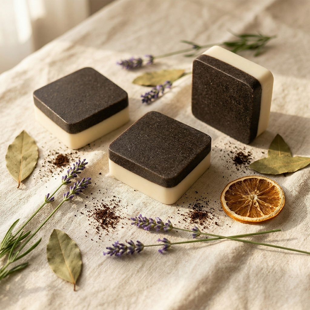 Three square soaps with black centers on a textured surface with lavender and orange slices. Collection of 2nd Ground upcycled coffee soap bars on a stone surface with branded boxes. comfrey salve for healing arthritis workout recovery drawing salve