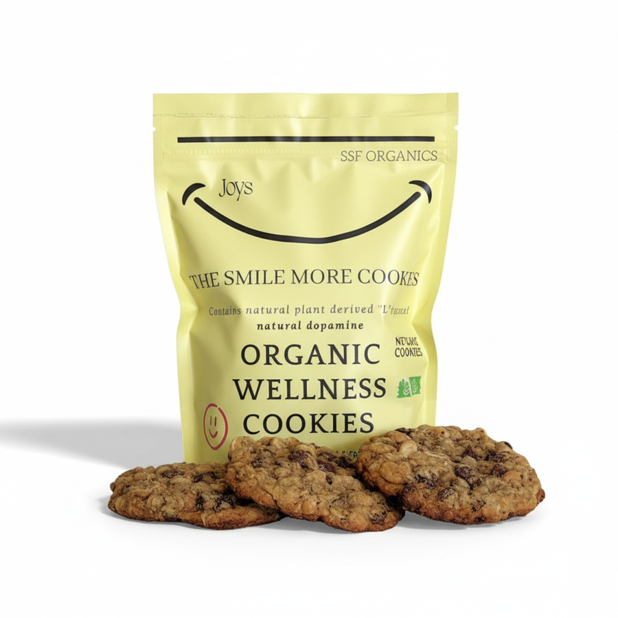 Bag of organic wellness cookies with cookies in front on a white background. high protein and all natural workout bars