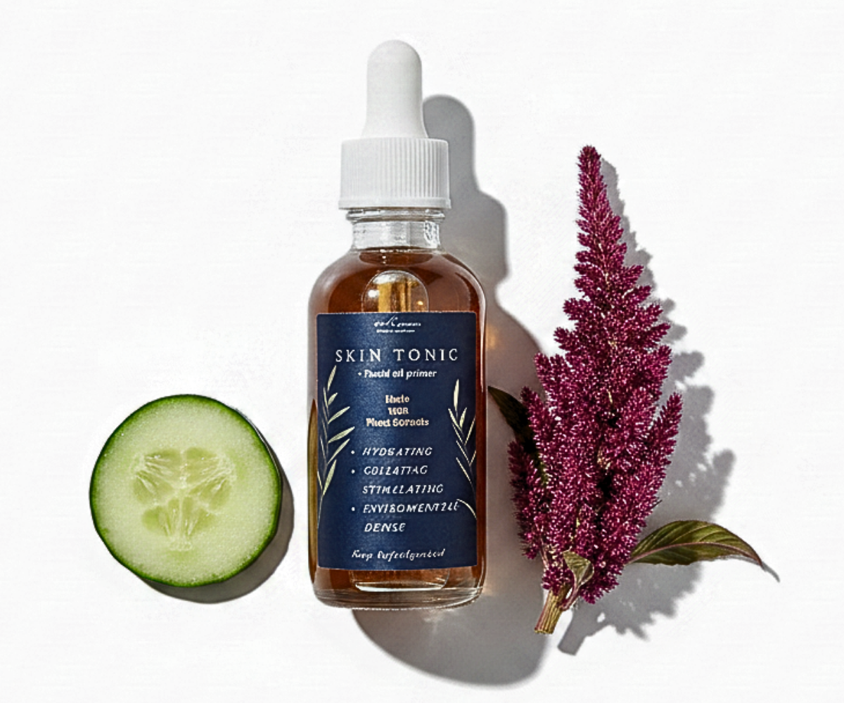 A glass dropper bottle of SKIN TONIC serum with a dark navy label, styled on a white background with a sliced cucumber and a purple ornamental grass flower. Not to mention tons of antioxidants. Hydrates, Reduces inflammation and accelerates healing time of acne, blemishes, and scars.
Perfect for application before Red Light Therapy Devices. Green Tea, Copper Peptides, and Comfrey are used for better light therapy absorption and penetration.
