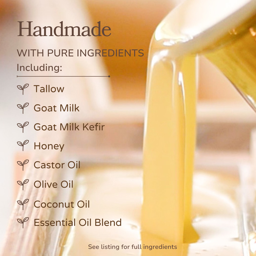 Handmade product with pure ingredients listed, including tallow, goat milk vitamin c soap brightening facial detox anti aging natural pretty farm girl serum face cream oil. organic plastic free handmade skincare with olive oil castor oil liver packs. under eye. kojic acid collagen red light healing milk, goat milk kefir, honey, castor oil, olive oil, coconut oil, and essential oil blend. 