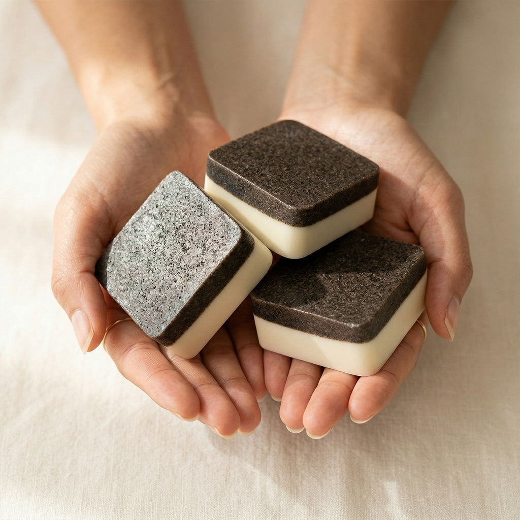 Hands holding three sponges with different textures on a neutral background. Collection of 2nd Ground upcycled coffee soap bars on a stone surface with branded boxes. comfrey salve for healing arthritis workout recovery drawing salve