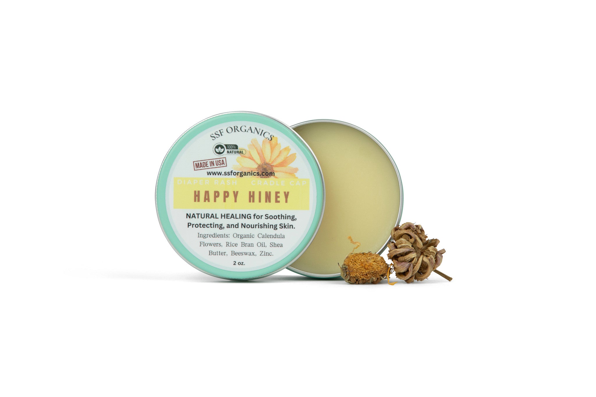 SSF Organics- HAPPY HINEY- Organic Calendula Diaper Balm. 100% Natural. Hand Crafted in Small Batches. Safe for Rashes, Cradle Cap, Chapped Skin.