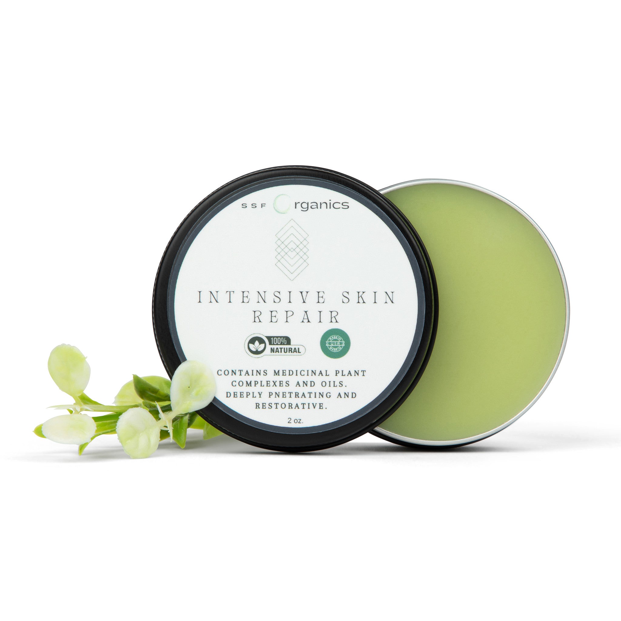 Intensive Skin Repair. 100% Natural Clean Ingredients. Made with Medicinal Plant Complexes and Oils. Deeply Penetrating an Restorative. 2 oz.