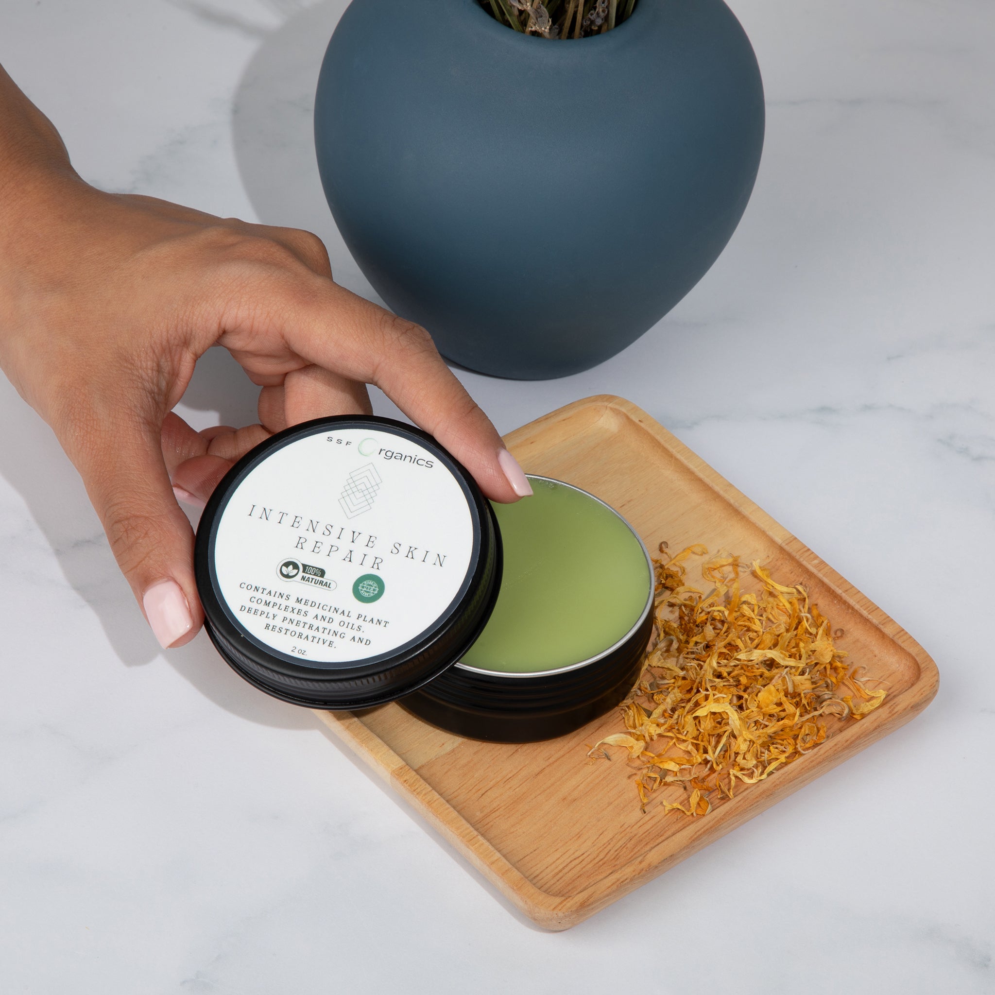 Intensive Skin Repair. 100% Natural Clean Ingredients. Made with Medicinal Plant Complexes and Oils. Deeply Penetrating an Restorative. 2 oz.