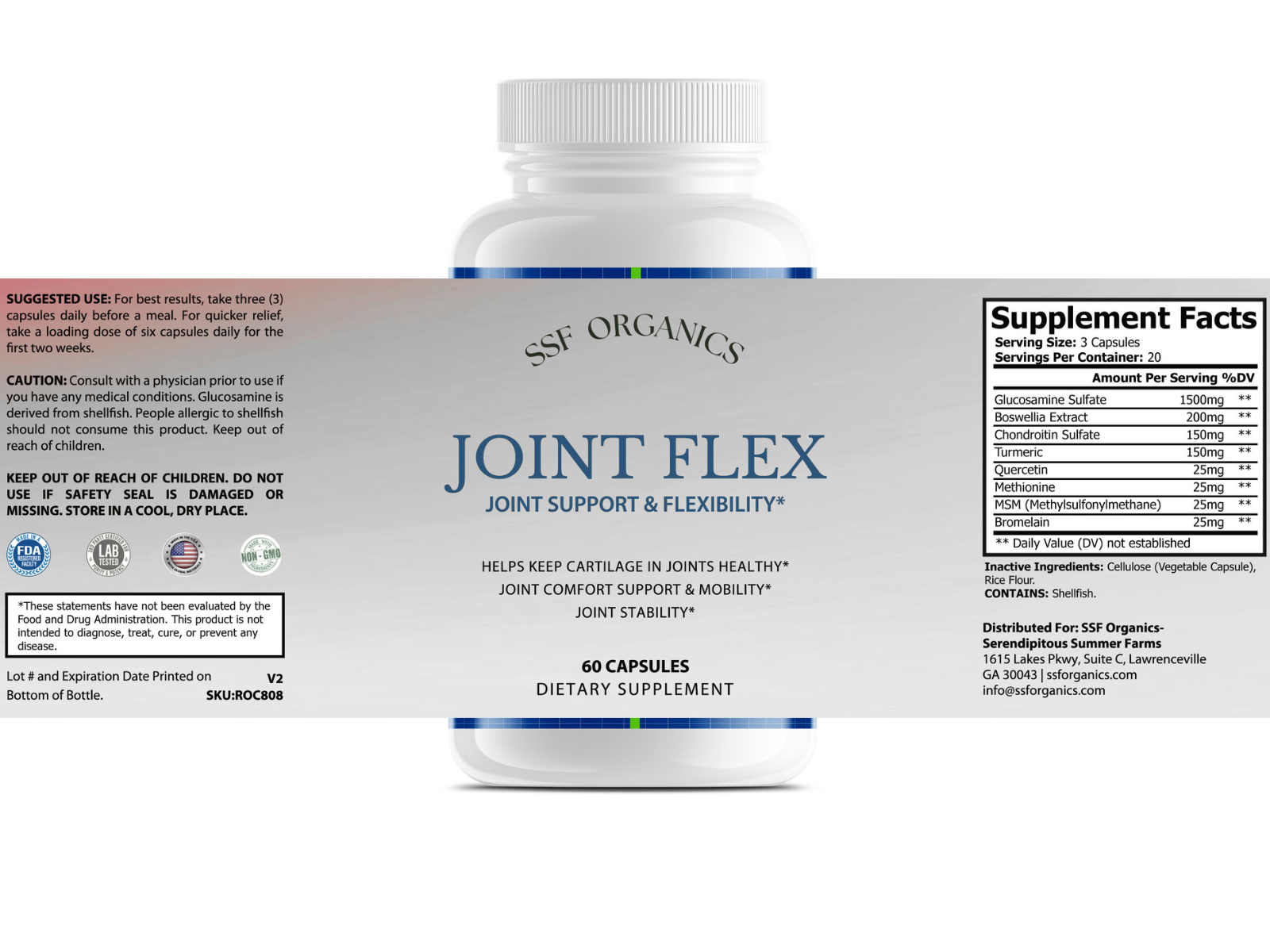 Serendipitous Summer Farms SSF Organics- Joint Flex with Glucosamine Chondroitin Turmeric Msm Boswellia - Joint Support Supplement for Relief 60 Capsules for Bones, Back, Knees, Hands (60 Capsules)