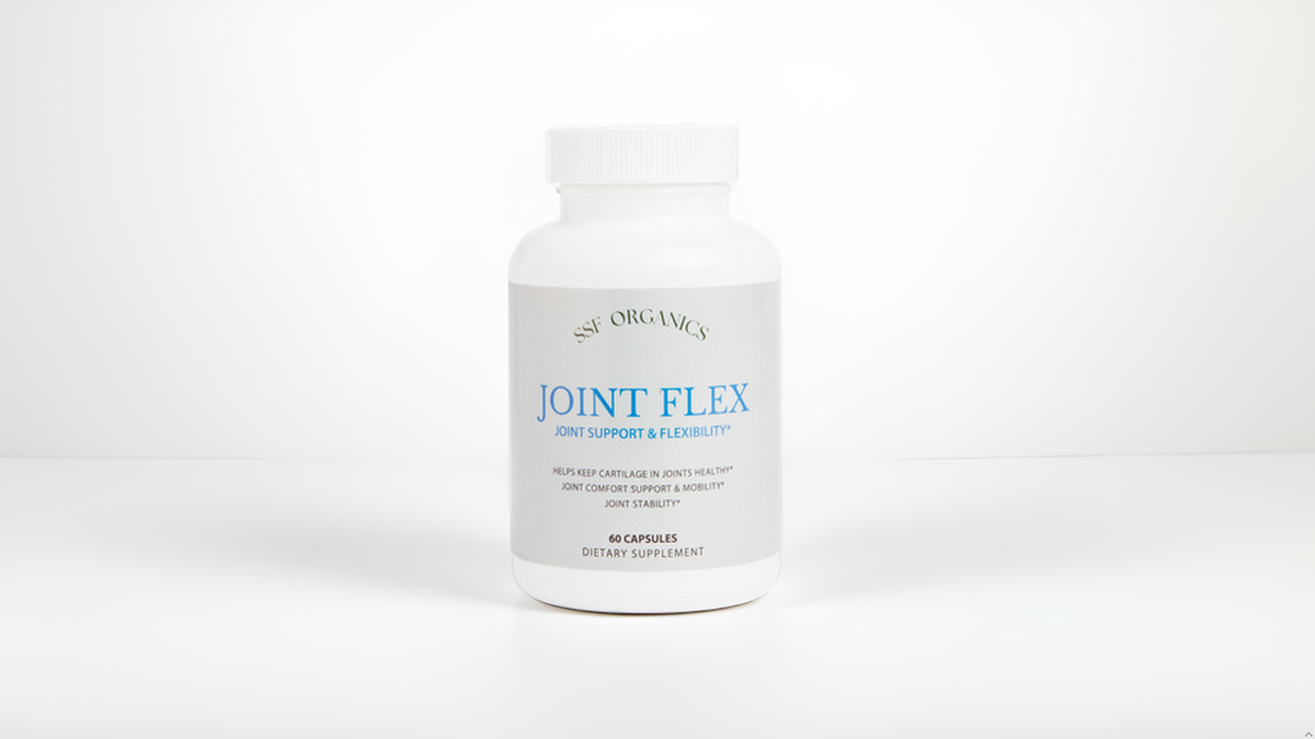Bottle of 'Joint Flex' supplement on a white background. "Supports joint health" or "Supports joint comfort"
"Helps maintain mobility and flexibility"
"Supports a healthy inflammatory response"
"Promotes an active lifestyle"
"Maintains healthy cartilage