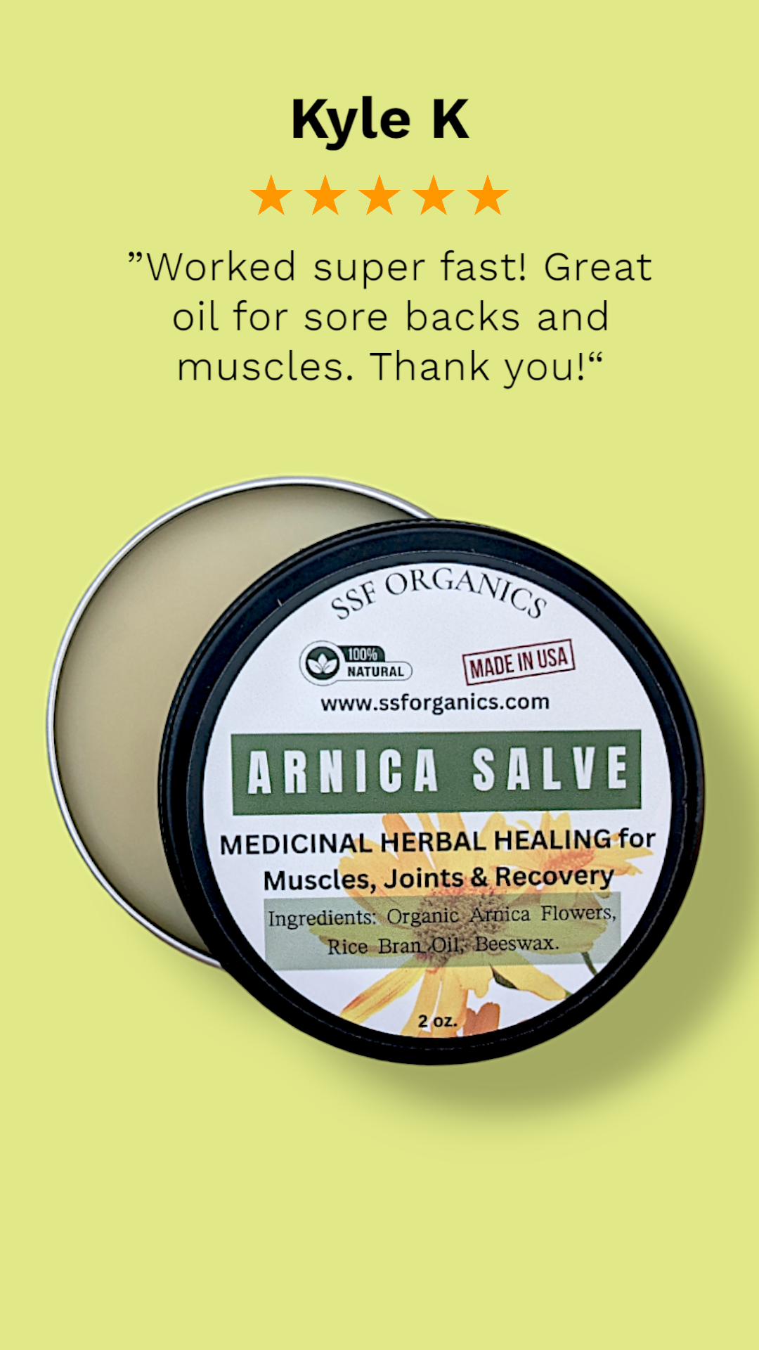 Arnica Salve 2 oz.- Natural Recovery Treatment for Pain Relief, Bruises, Wounds, Scaring, Back and Muscle Soreness.