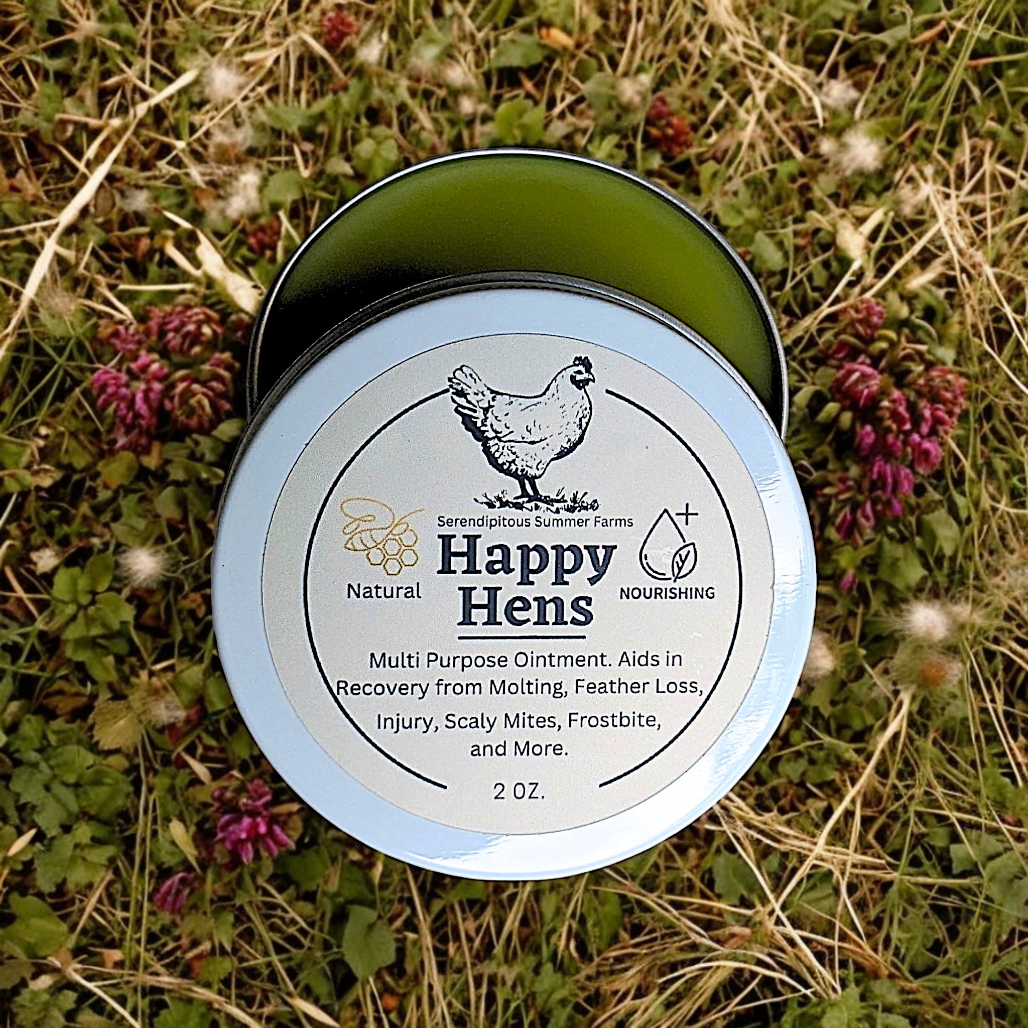 Serendipitous Summer Farms Large 2 oz Happy Hens- All Purpose First Aid Poultry Balm. 100% Natural and Organic Comfrey Salve. for Pecking Wounds/Sores