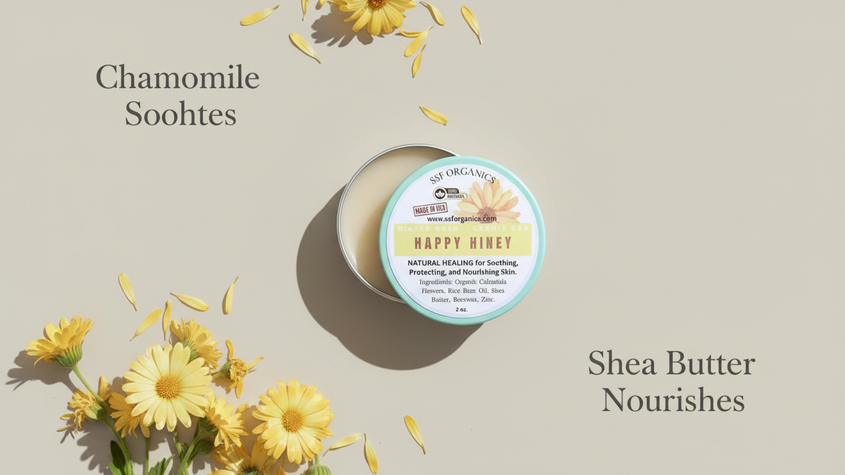 Happy Hiney tin on warm beige background with scattered yellow flowers and overlay text: Chamomile Soothes · Shea Butter Nourishes