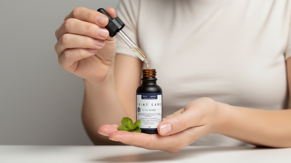 Person holding a bottle labeled 'Joint Care' with a dropper and a small green leaf. with bee venom and msm
