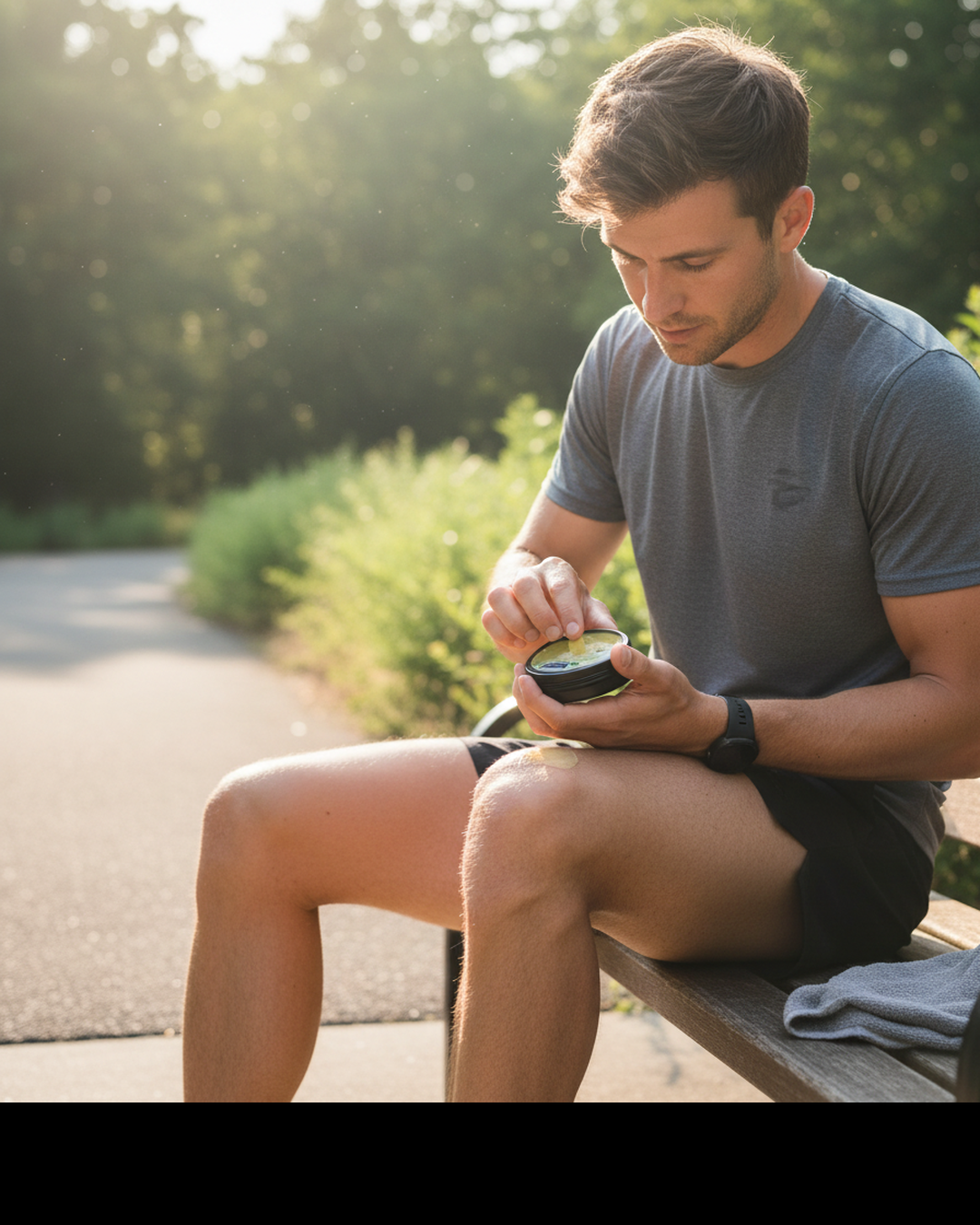 A man in a gray athletic t-shirt and black shorts sits on a wooden bench outdoors, applying cream from a small round jar to his knee. The background shows a blurred park path and green foliage with warm sunlight filtering through. Pharmapulse Nerve Cream – Maximum Strength for Feet, Hands, Legs, Toes, Lower Back - Alpha Lipoic Acid, Arnica, Vitamin B6, Aloe Vera, MSM - Effective Soothing. 