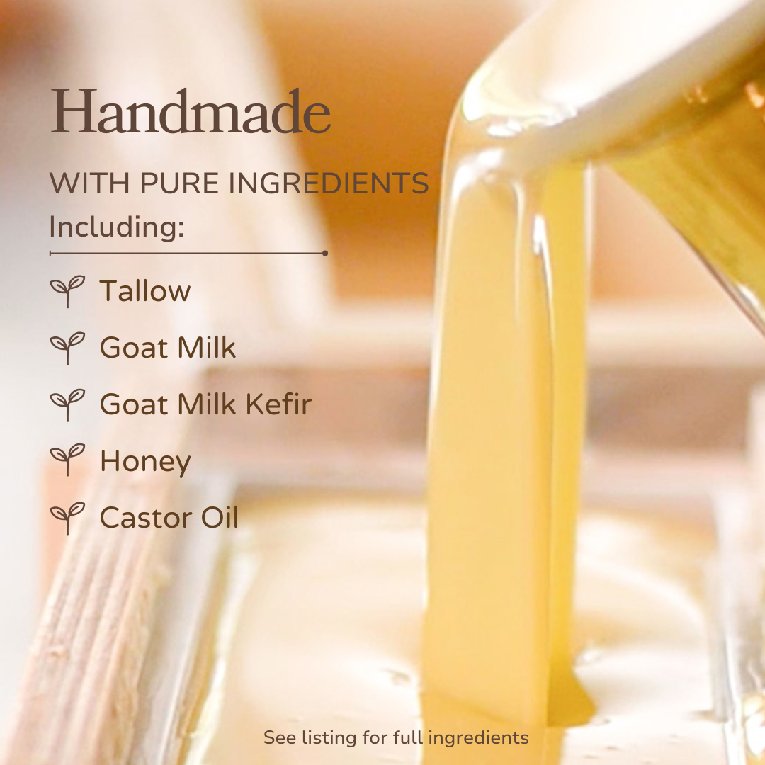 Handmade product with pure ingredients listed, including tallow, goat milk, goat milk kefir, honey, and castor oil. Before and after comparison of a hand with visible skin conditions on a tiled wall background. eczema and psoriasis on hands. Pretty Farm Girl | Pure Tallow + Honey Fragrance Free Handmade Tallow and Goat Milk Soap Bar for skin. 