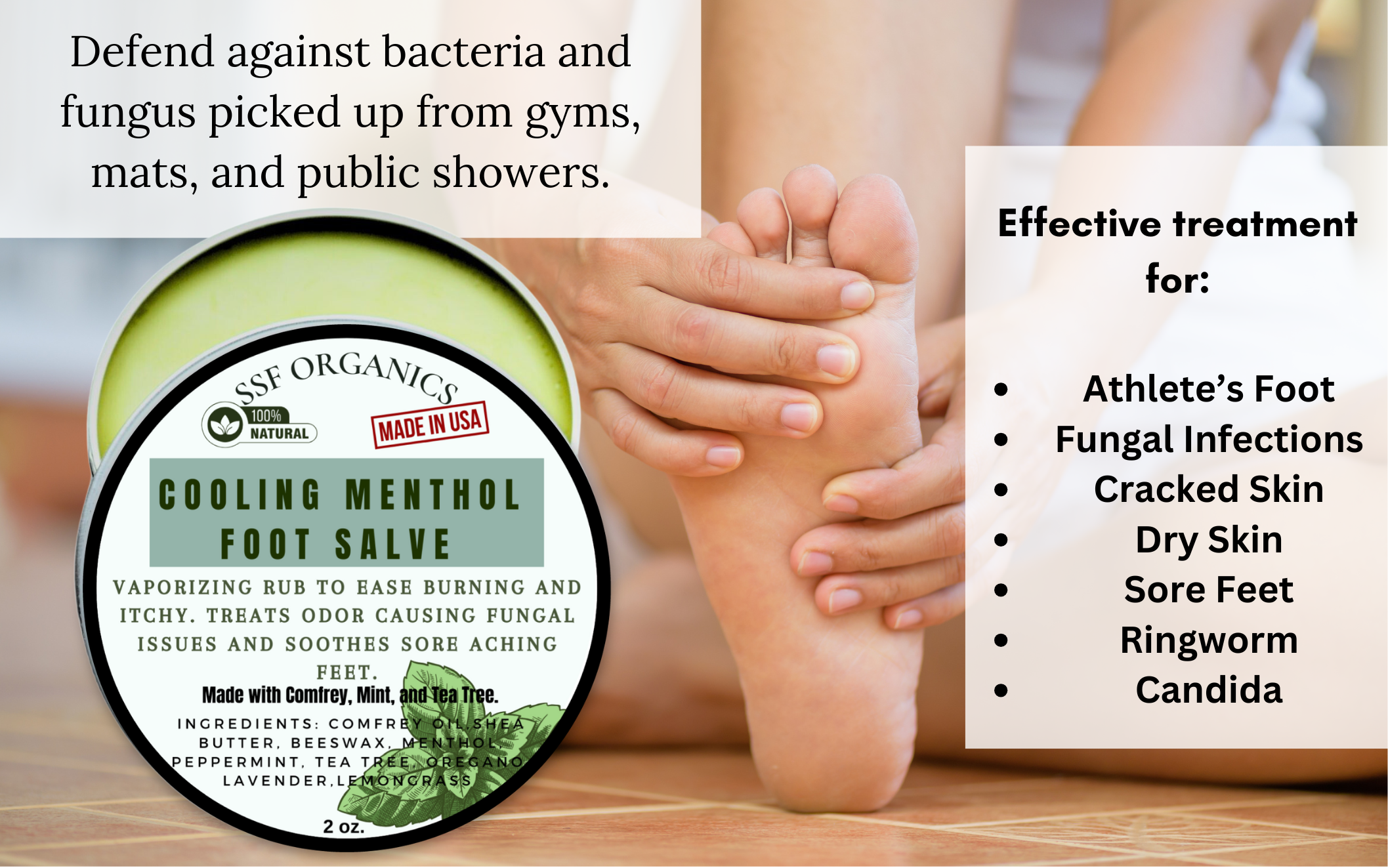 SSF Organics- Soothing Foot Salve. Use for Athletes Foot, Dry cracked Skin, Sore Feet, Burning Feet, Great for Cooling Relief! Made with Therapeutic Oils Like Tea Tree and Clove. 100% Natural!