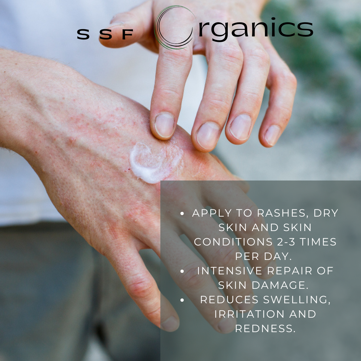 Hand applying cream to another hand with SFF Organics branding and product usage instructions.